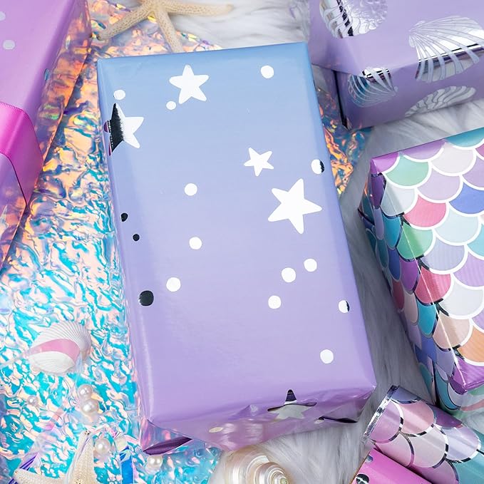 MAYPLUSS Purple Mermaid Wrapping Paper, Birthday Girl Wrapping Paper, Metallic Foil Mermaid Scale Scallop Pattern Ocean Gift Wrap for Girls,Kids, Baby Shower (Mini Roll, 17 Inch x 120 Inch Per Roll)