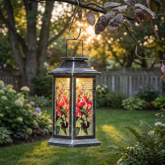 Topadorn Vintage Hummingbird Solar Lantern, Hanging Outdoor Light with Floral Print, Waterproof LED Lamp for Garden Patio Yard Decor