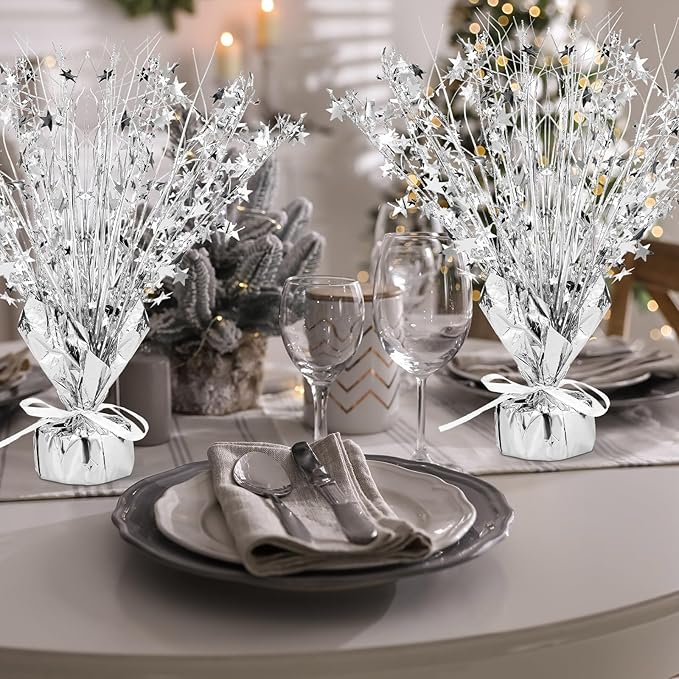 Crowye 18 Pcs Foil Spray Centerpiece Table Decoration Party Star Burst Metallic Graduation Table Centerpieces for Spring Party Birthday Season Wedding Holiday(Silver)