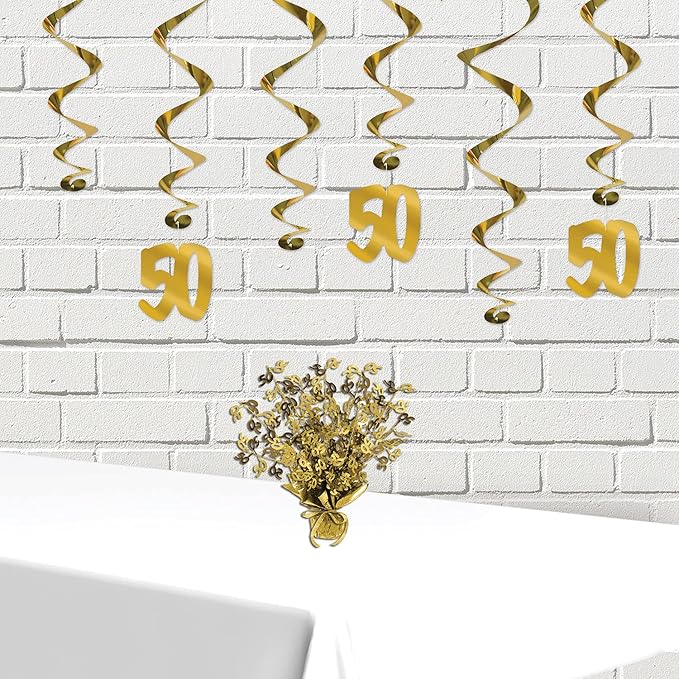 Beistle 50" Gleam ‘N Burst Centerpieces, 2-Piece Gold Metallic Table Display for 50th Birthday Parties, Anniversaries, and Milestone Celebrations, 15”