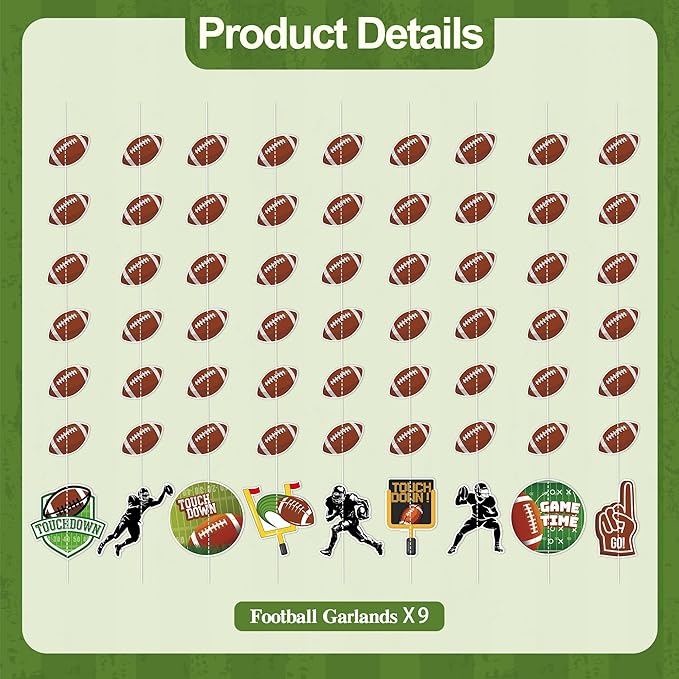 9 Pcs Football Party Decorations Football Garland Banner Pre-Strung Football Hanging Garland Decor for Home Classroom Sports Themed Birthday Party Game Fans