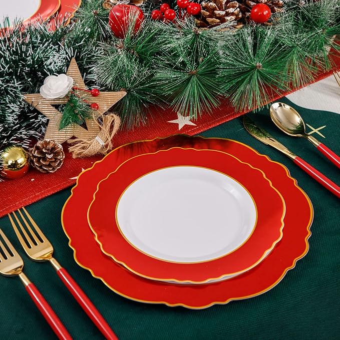 WDF 30Guest Red Plastic Plates - Gold Plastic Silverware With Red Handle - Red Plates Disposable- Baroque Plastic Dinnerware for Wedding Baby Shower Spring Birthday