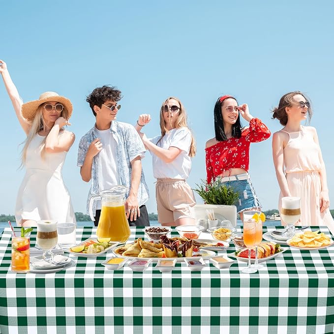 WNINK 4 Pack Green and White Checkered Rectangular Plastic Tablecloths, Green Gingham Waterproof Disposable Table Covers 54" x 108" for Birthday, Wedding, Outdoor Picnic Camping Parties