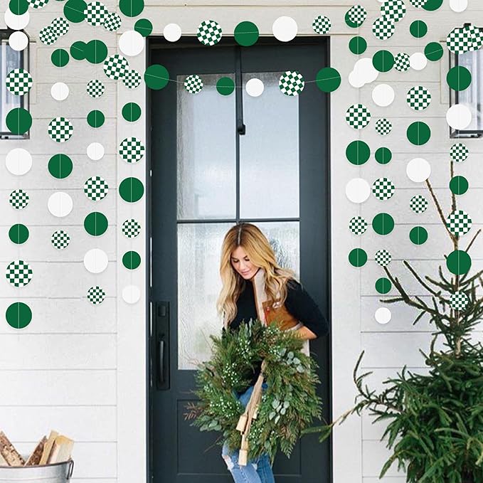 Green Party Decorations White Green Checkered Circle Dots Streamer Hanging Paper Polka Dot Garland for Birthday Wedding Baby Shower Bachelorette Christmas Dinosaur Arbor Day Picnic Golf Party Supplies