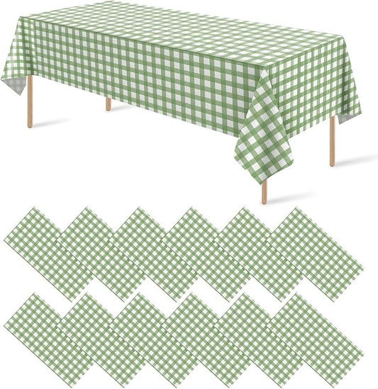 12Pack Sage Green Plastic Checkered Tablecloth, Premium Decorative Disposable Sage Green Gingham Plaid Table Cloths for Parties, Rectangle Party Table Cover for Picnic Birthday Wedding, 54x108 Inch