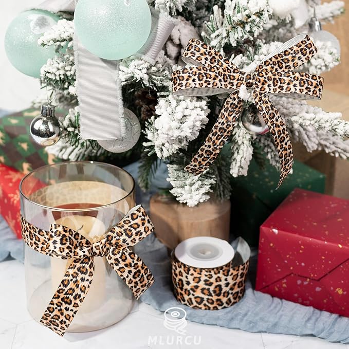 Leopard Print Ribbon Set 3 Rolls Animal Print Grosgrain Ribbons in 5/8", 7/8", 1.5", Stylish Jungle Safari Patterned Ribbon for Gift Wrapping, DIY Crafts, Hair Bows, Party Decor