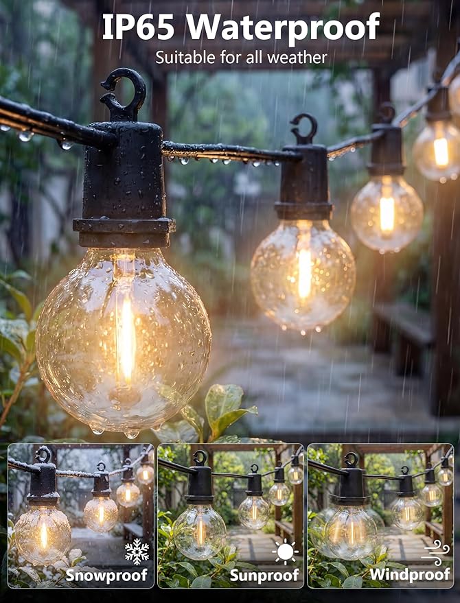 25Ft LED G40 Globe Outdoor String Lights Waterproof Patio Lights with 13 Warm White Bulbs, Hanging Light for Backyard Balcony Wedding Christmas Party Decorations Xmas Tree Black Wire