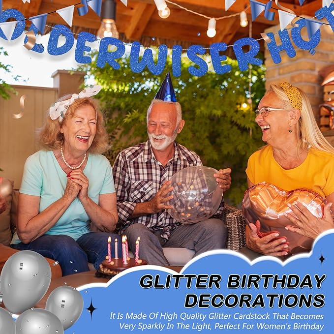 Fulmoon Set of 3 Pre Strung Older Wiser Hotter Glitter Banner Funny Birthday Banner for Women 30th 40th 50th 60th 70th 80th Birthday Party Decorations Sign Gift(Navy Blue)