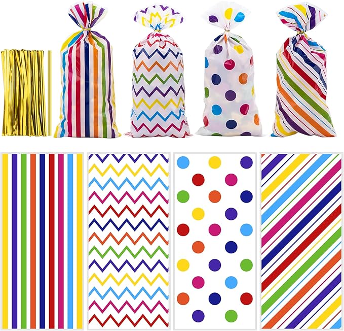 Aubeco 120 Pack 10.6x5.1 Inch Cellophane Treat Bags with Ties - Polka & Rainbow Stripes Candy Gift Baggies for Birthday, Wedding Party Favors, Snack Packing Supplies