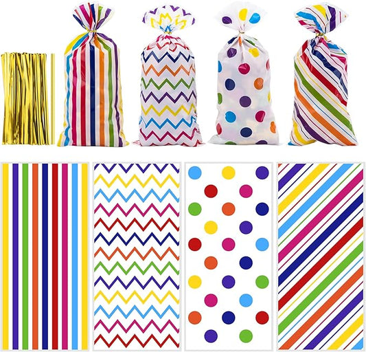 Aubeco 120 Pack 10.6x5.1 Inch Cellophane Treat Bags with Ties - Polka & Rainbow Stripes Candy Gift Baggies for Birthday, Wedding Party Favors, Snack Packing Supplies