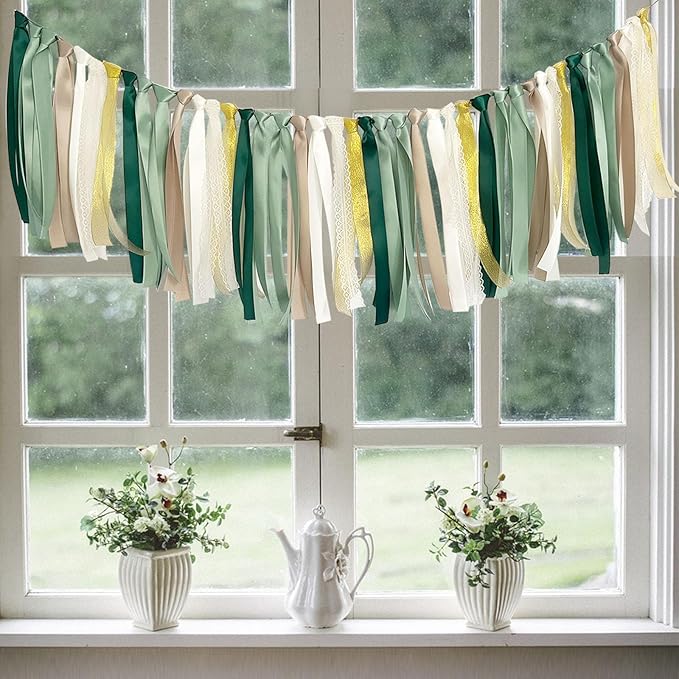 ANSOMO Sage Green Ribbon Felt Ball Garland Fabric Pom Pom Banner Tan Brown Ivory Gold Birthday Bridal Baby Shower Wall Hanging Party Decorations Wild Safari Jungle Botanical Greenery Decor Supplies