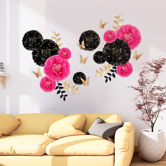 Fonder Mols Tissue Paper Chrysanth Flowers with Butterfly and Olive Leaves for Wedding Baby Shower Nursery Room Parties & Events Decorations Pom Poms (Black, Hot Pink)