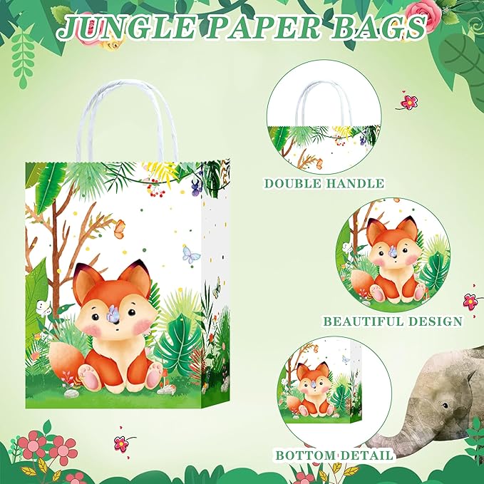 W WINTMING Paper Gift Bags for Birthday 16Pcs Safari Animals Party Favor Bags with Handles Woodland Print Paper Candy Bags Goodie Bags for Wrapping Gifts Jungle Theme Party Supplies