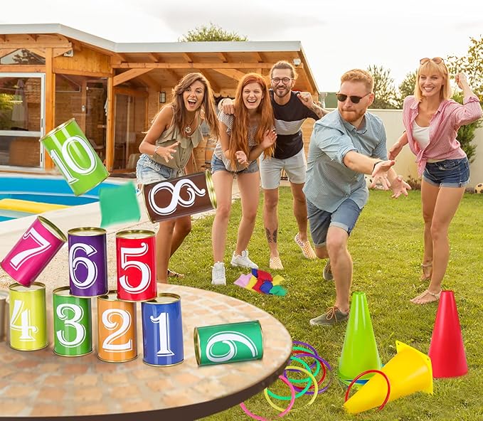Hxezoc 36 Pack Carnival Games Set, 4 in 1 Soft Plastic Cones Cornhole Bean Bags Ring Can Toss Carnival Games Combo for Kids Adults Carnival Birthday Party School Field Indoor Outdoor Games Supplies