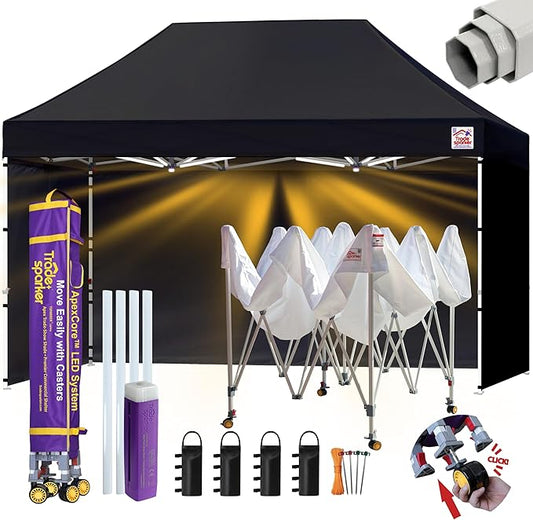 Tradesparker Pop Up Tent,Commercial Movable Canopy with ApexCore LED&Rugged Casters-Instant Easy Setup Shelter Canopies with Weight Bags&Stakes for Outdoor Events(8x12, with 4 Sidewalls, Black)