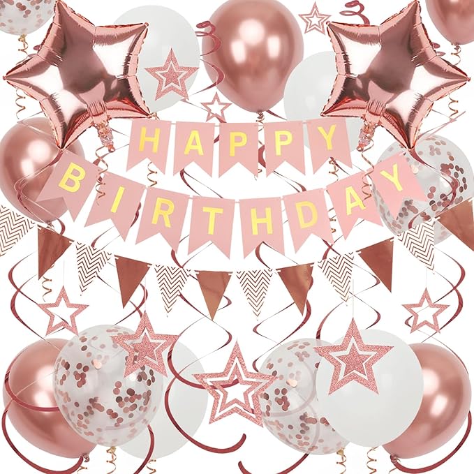 Rose Gold Birthday Decorations, Happy Birthday Banner and Rose Gold Star Balloons, Glitter Hanging Stars with Hanging Swirls, Bunting Banner, for Women Girls Party Decoration