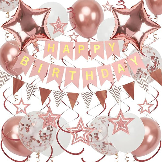 Rose Gold Birthday Decorations, Happy Birthday Banner and Rose Gold Star Balloons, Glitter Hanging Stars with Hanging Swirls, Bunting Banner, for Women Girls Party Decoration