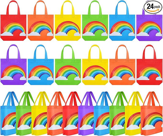 Aodaer 24 Pieces Rainbow Non-woven Gift Bags 9.8×9.8×3.1 Inch Party Favor Bags Reusable Goodie Bags Tote Treat Bags with Handles for Kids Birthday Wedding Party