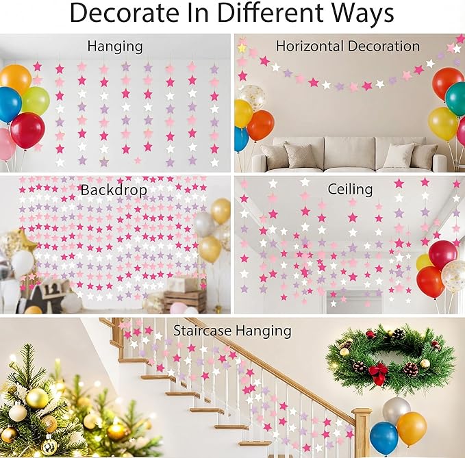 Glitter Pink, Rose Red & Pink White Iridescent Star Garland 90FT, 240pcs Hanging Glitter Star Banner Backdrop for Birthday, Baby Shower, Wedding & Christmas Party Decorations (6 Packs)