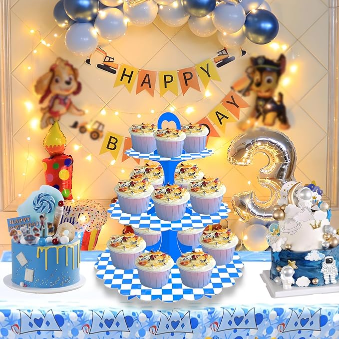 2 Pack 3-Tier Cupcake Stand,Blue White Checkered Cardboard Racing Car Theme Dessert Holder for Party Wedding Baby Shower Birthday Decor