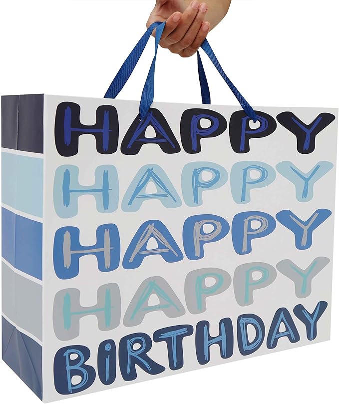 Qirrmiy 16.5” Extra Large Blue Happy Birthday Gift Bag Set with Handles, Greeting Card, Tissue Papers and Stickers for Men Boys Women Girls Kids Teens, Words Design, 1 Pcs