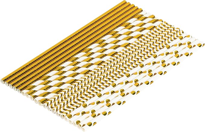 Paper Straws 200 Pack Biodegradable Gold 8.25" Straw for Everyday/Birthday Party/Bridal Shower/Wedding/Anniversary and Parties, 4 Beautiful Patterns, Long Lasting - by DuraHome (Gold)