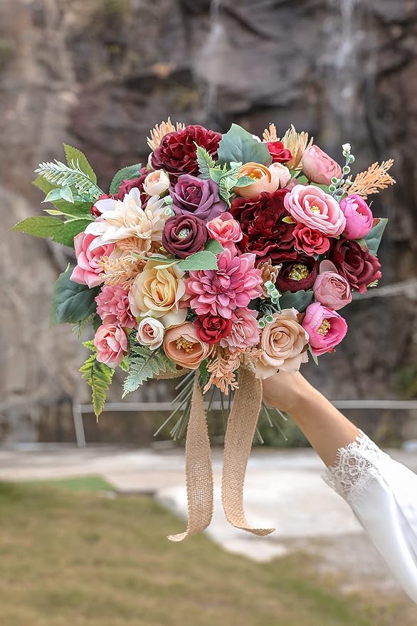 Serra Flora Artificial Flowers Combo Box Set Faux Flowers Bulk Flower Leaf with Stems for DIY Wedding Bouquets Centerpieces Baby Shower Party Home Decorations- (Burgundy Pink)