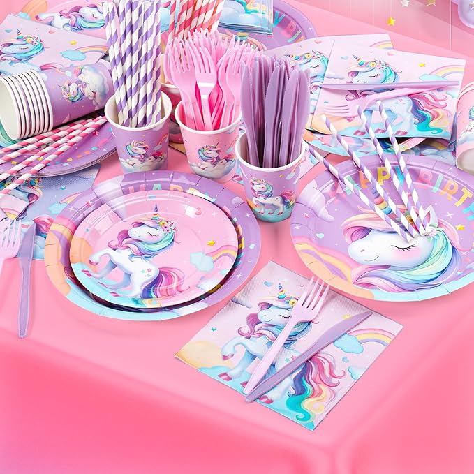171Pcs Unicorn Birthday Party Decorations with Unicorn Rainbow Banner and Tablecloth, Birthday Party Supplies with Plates Cups Napkins Straws Cutlery, Pink Purple Disposable Tableware for 24 Guests