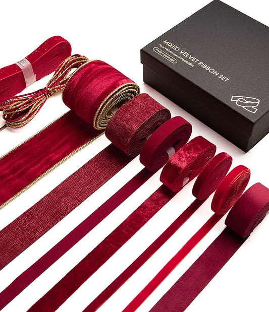 Vitalizart Red Velvet Ribbon 9 Rolls with Gift Tags Luxury Textured Burgundy Ribbon for Christmas Gift Wrapping Tree Ornaments Bows Wreaths Holiday Decorations