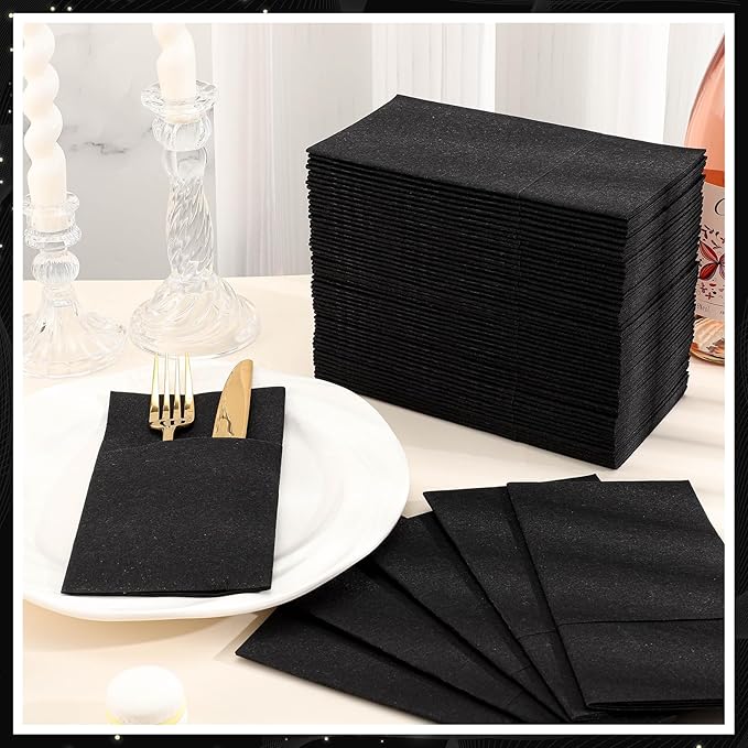 60 Pcs Black Linen-Feel Paper Napkins with Built-in Flatware Pocket, Graduation Pocket Linen Napkin Prefolded Cloth Like Paper Napkins Bulk for New Year Silverware Birthday Bathroom Weddings Party
