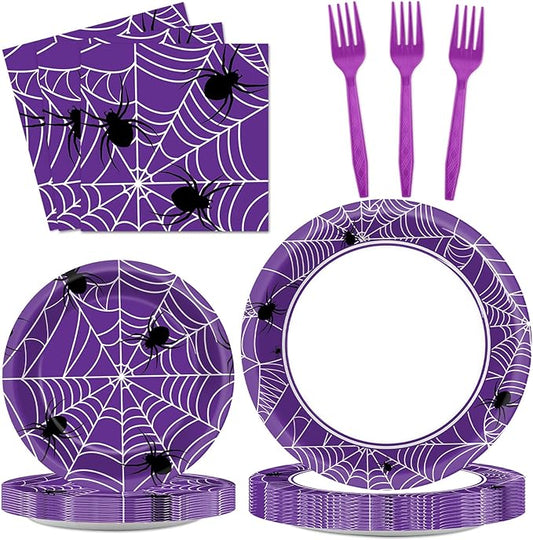 Qyeahkj 100 Pcs Halloween Birthday Party Supplies Paper Plates and Napkins Set Disposable Spider Web Tableware Decorations for Halloween Theme Baby Shower Serves 25