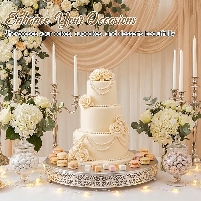 Wenqik 20 Inch Silver Cake Stand Set Metal Round Cupcake Dessert Stand with Cake Cutting, Spatula Wedding Cupcake Pastry Display Candy Holder Display for Wedding Party Birthday Baby Shower(Classic)