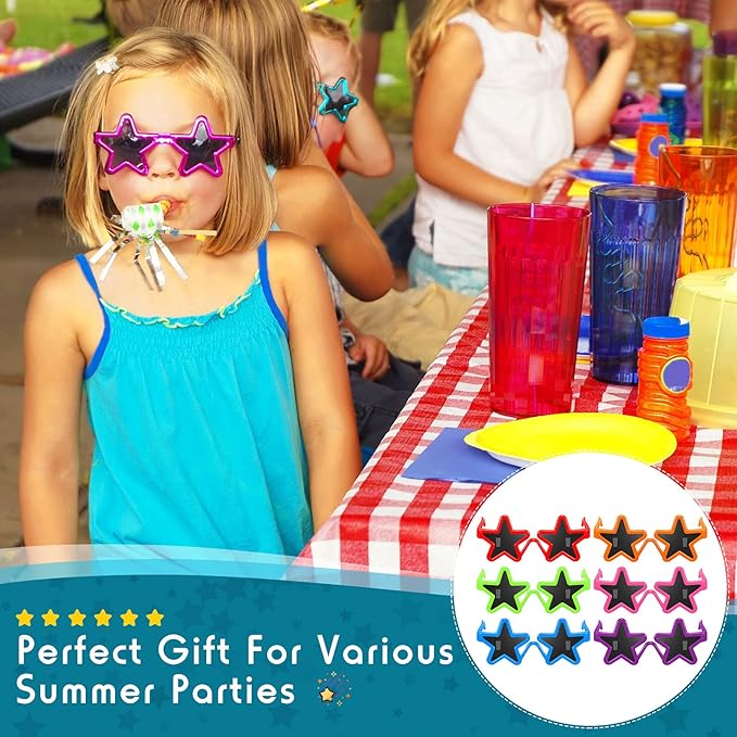 Frienda 24 Pairs Kids Star Sunglasses Bulk Neon 80s Rock Star Toddler Party Favor Funny Glasses Accessories for Rock and Roll Birthday Party Photo Props