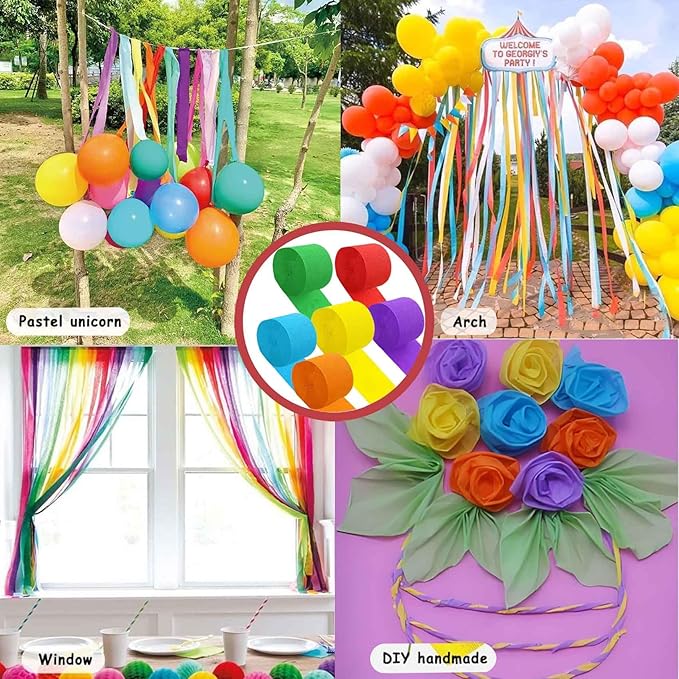 Rainbow Crepe Paper 6 Pcs Colourful Streamers for Party Decorations, Birthday Wedding DIY Crafts, Gift Wrapping Supplies