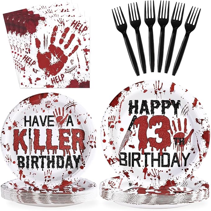 Grencian 96Pcs Killer Happy 13th Birthday Party Supplies Red and Black Bloody Hand Themed Paper Plates and Napkins Horror Tableware for Boy Girl 13th Stranger Birthday Party Decorations Serve 24