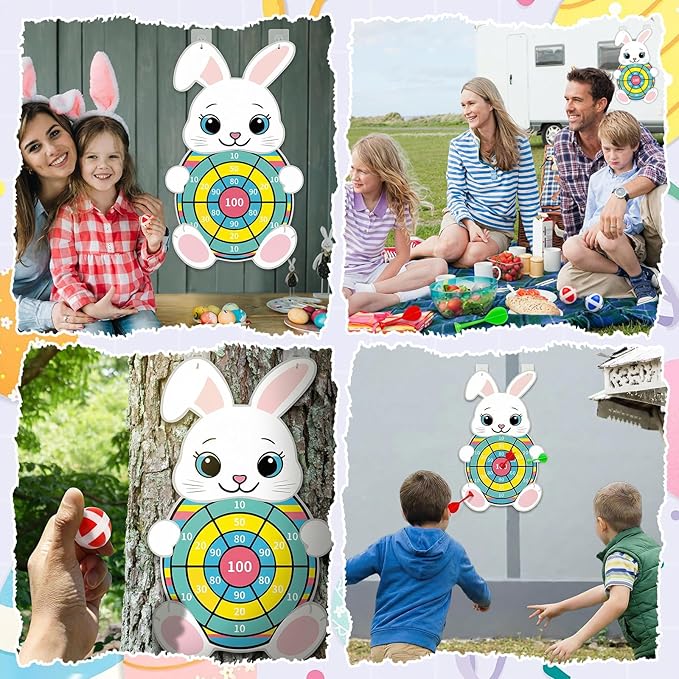 Easter Games 32" Large Bunny Dart Board - Easter Basket Stuffers Bunny Design with 12 Sticky Balls & 8 Darts, Indoor Outdoor Yard Holiday Party Games for Family, Non-Candy Gifts & Egg Fillers