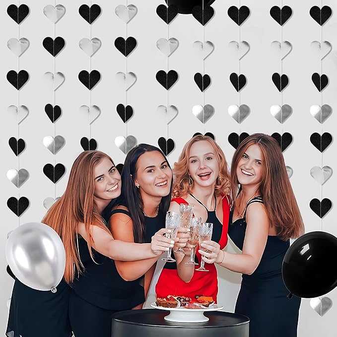 40Ft Black White Silver Heart Valentines Day Garland Hanging Streamer Decor for Bachelorette, Graduation, Black History Month Birthday Party Black Silver Wedding Party Decor