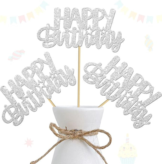Glitter Silver Birthday Centerpiece Sticks 12PCS Happy Birthday Party Table Decorations Double Sided Birthday Party Centerpieces for Cheers to Birthday Anniversary Baby Shower Supplies