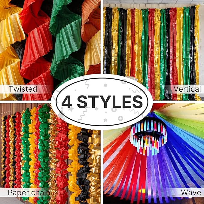 PartyWoo Crepe Paper Streamers 6 Rolls 492ft, Pack of Metallic Gold Black Green Red Yellow Crepe Paper Streamers, Crepe Paper for Black History Month Party Decorations (1.8 in x 82 Ft/Roll)