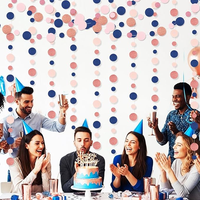 Outus 10 Pieces Blue,Pink,Rose Gold Round Dots Garland Graduation Party Hanging Decor Each Length 13.1ft Glitter Paper Dot Streamers for Birthday Wedding Classroom Supplies