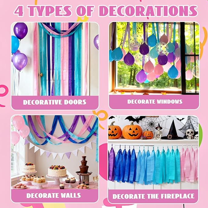 Blue Pink Crepe Paper Streamer 8 Rolls 32ft Cartoon Birthday Party Supplies Purple Backdrop Baby Shower Wedding Decorations(1.77inx32ft)