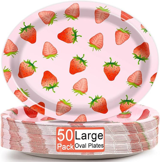 Qyeahkj 50 PCS Strawberry Oval Paper Plates Large 11” Disposable Strawberry Party Decorations Berry Sweet Supplies Favor for Birthday Summer Fruit Party Baby Shower Tableware Set