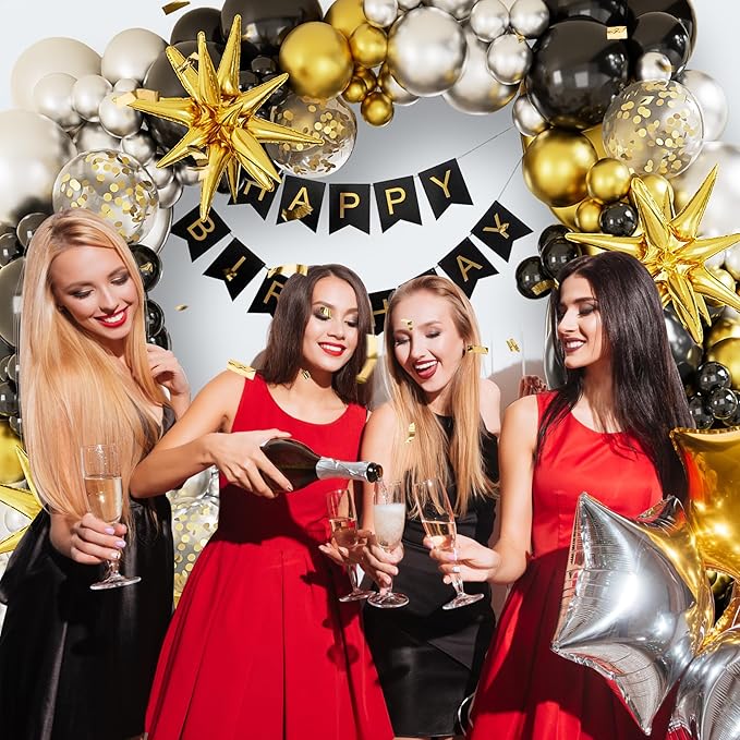 Black Gold Balloons Arch Garland Kit-Metallic Silver Balloon Chrome Latex Gold Explosion Star Foil Balloon 127Pcs for Birthday,Graduation,Gender Reveal,Baby Shower Party Decorations.