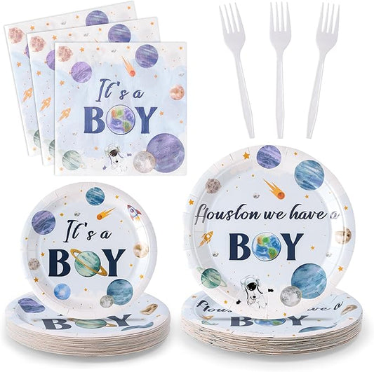 Houston We Have A Boy Outer Space It's a Boy Baby Shower Astronaut Planet Galaxy Plates Supplies - Serves 24-96Pcs Party Tableware Decoration Disposable Paper Plates Napkin Fork for Birthday