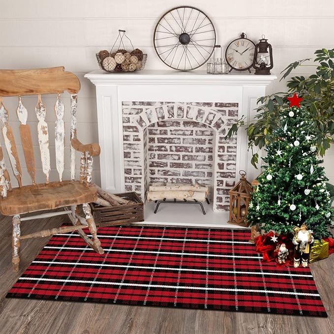Christmas Front Door Mat Outdoor 2'X4.3', Red Buffalo Plaid Porch Rug Machine Washable Kitchen Rug Entryway Carpet Layered Door Mats Indoor/Outdoor Cotton Area Rug Runner for Bedroom