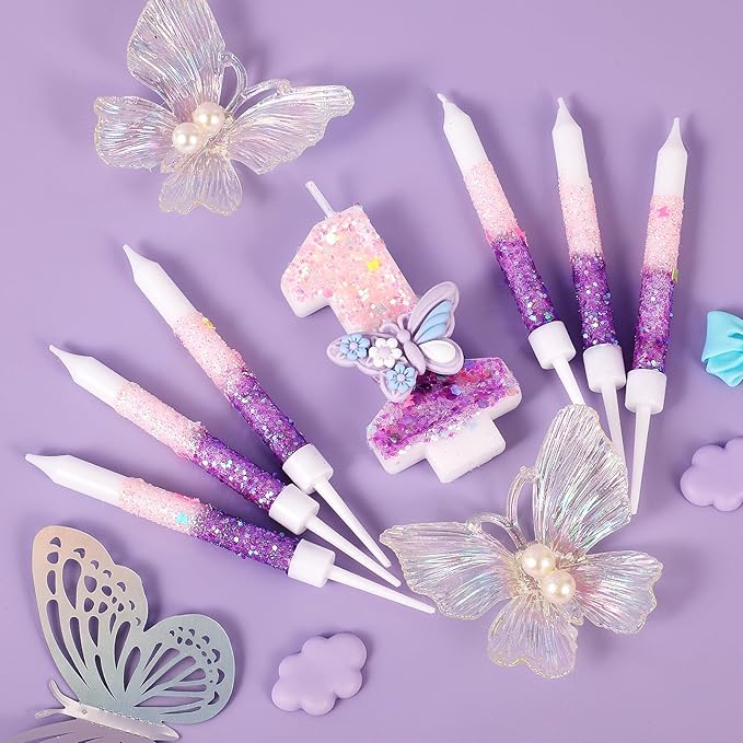 AKURIEEY Butterfly 1st Birthday Candle Purple Number 1 Candle with 6 Pcs Long Candles for Girls Cake Topper Cupcake Decor Party Decoration Anniversary Celebrations Supplies