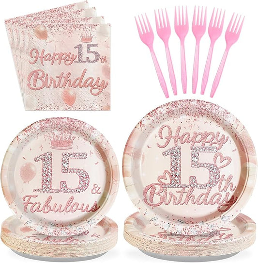 96Pcs 15th Birthday Decorations for Girls Rose Gold 15 Year Old Birthday Plates Napkins Forks Disposable 15th Girl Bday Tableware Set for Girls 15 Year Old Birthday Fabulous Party Supplies Serve 24