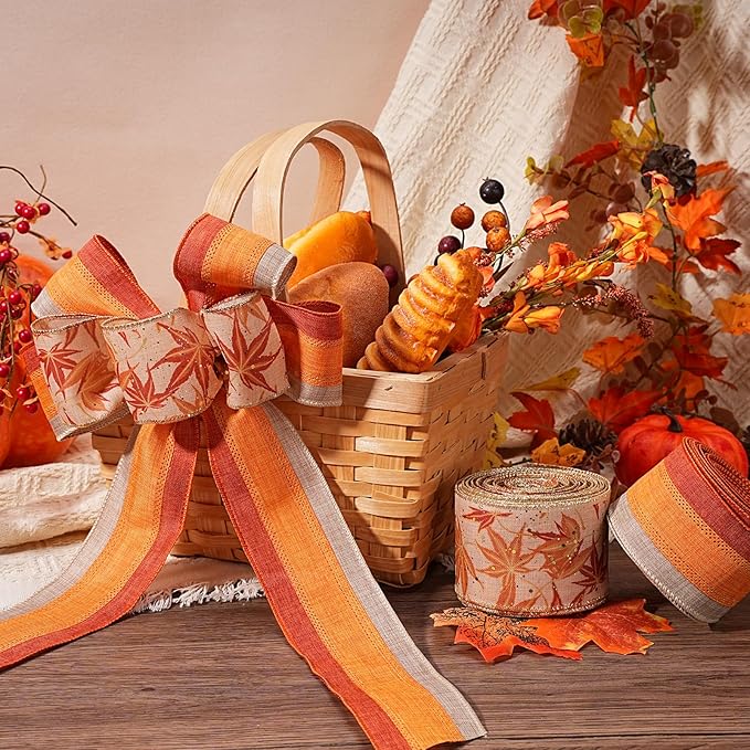 LaRibbons Fall Burlap Ribbon Wired 2 1/2" x 10 Yards 2 Rolls, Maple Leave Striped Ribbon for Autumn Wreath Thanksgiving Farm Gift Wrapping Home Decor