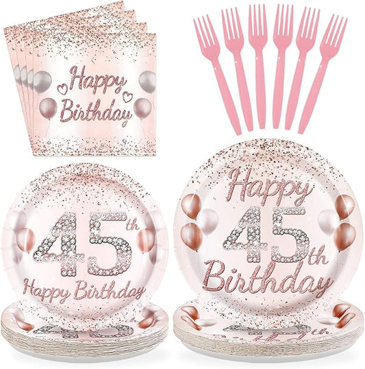 96Pcs 45th Birthday Party Decorations for Women Rose Gold 45th Birthday Paper Plates and Napkins Sets Pink Gold 45 Theme Decorations for Women Cheers to 45 Years Old Fabulous Party Supplies Serves 24