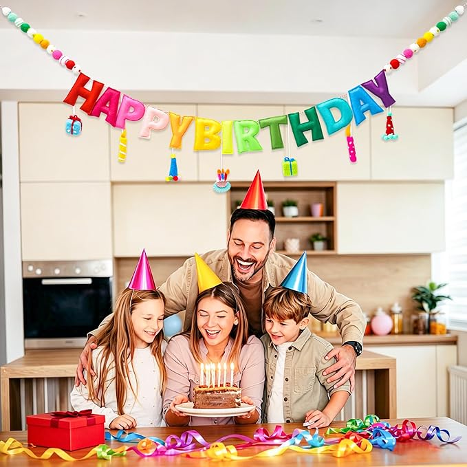 Happy Birthday Banner, Handmade Wool Felt Birthday Banner with Cute Charms, Reusable Rainbow Birthday Decorations for Kids, Colorful Birthday Garland for 1st Birthday, Baby Shower,Party Photo Backdrop